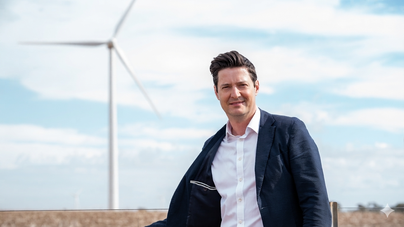 Stuart Benjamin standing in front of a wind turbine in rural Australia